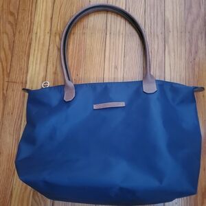 Gaenmesn Nylon Waterproof  Navy with Brown Leather Shoulder Tote Zipper Travel